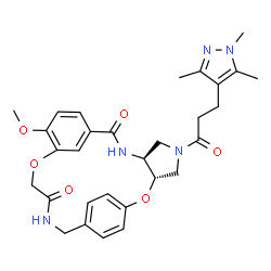 ChemSpider 2D Image | (3S,7S)-13-Methoxy-5-[3-(1,3,5-trimethyl-1H-pyrazol-4-yl)propanoyl]-2,15-dioxa-5,8,18-triazatetracyclo[18.2.2.1~10,14~.0~3,7~]pentacosa-1(22),10(25),11,13,20,23-hexaene-9,17-dione | C30H35N5O6