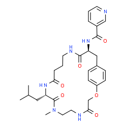 ChemSpider 2D Image | N-[(10S,18S)-10-Isobutyl-8-methyl-4,9,12,17-tetraoxo-2-oxa-5,8,11,16-tetraazabicyclo[18.2.2]tetracosa-1(22),20,23-trien-18-yl]nicotinamide | C30H40N6O6