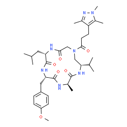 ChemSpider 2D Image | (3R,6S,9S,15S)-9-Isobutyl-15-isopropyl-6-(4-methoxybenzyl)-3-methyl-13-[3-(1,3,5-trimethyl-1H-pyrazol-4-yl)propanoyl]-1,4,7,10,13-pentaazacyclopentadecane-2,5,8,11-tetrone | C35H53N7O6
