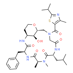 ChemSpider 2D Image | (1S,4S,7S,10R,16R,20S)-4-Benzyl-20-hydroxy-10-isobutyl-14-[(2-isopropyl-4-methyl-1,3-thiazol-5-yl)carbonyl]-7,8-dimethyl-17-oxa-2,5,8,11,14-pentaazabicyclo[14.3.1]icosane-3,6,9,12-tetrone | C35H50N6O7S