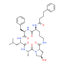 ChemSpider 2D Image | N-[(6S,9R,12S,15S,19R,20aS)-9-Benzyl-19-hydroxy-12-isobutyl-15-methyl-1,7,10,13,16-pentaoxoicosahydropyrrolo[2,1-c][1,4,7,10,13]pentaazacyclooctadecin-6-yl]-4-phenylbutanamide | C38H52N6O7