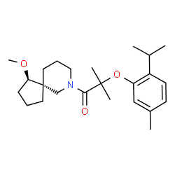 ChemSpider 2D Image | 2-(2-Isopropyl-5-methylphenoxy)-1-[(1R,5R)-1-methoxy-7-azaspiro[4.5]dec-7-yl]-2-methyl-1-propanone | C24H37NO3