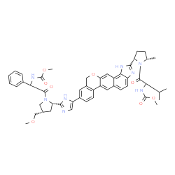 ChemSpider 2D Image | Methyl {2-[(2S,4S)-2-(5-{2-[(2S,5S)-1-{2-[(methoxycarbonyl)amino]-3-methylbutanoyl}-5-methyl-2-pyrrolidinyl]-1,11-dihydroisochromeno[4',3':6,7]naphtho[1,2-d]imidazol-9-yl}-1H-imidazol-2-yl)-4-(methoxy
methyl)-1-pyrrolidinyl]-2-oxo-1-phenylethyl}carbamate | C49H54N8O8