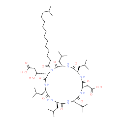 ChemSpider 2D Image | Cyclo[L-alpha-aspartyl-D-leucyl-L-leucyl-(3S)-3-hydroxy-N-(13-methyltetradecanoyl)-L-alpha-glutamyl-L-leucyl-D-leucyl-L-valyl] | C53H93N7O13