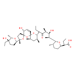ChemSpider 2D Image | (2S)-2-{(2R,5S,6R)-6-[(2S,3S,4S)-6-{(2S,5S,7R,9S,10S,12R,15R)-2-[(2R,5R,6S)-5-Ethyl-5-hydroxy-6-methyltetrahydro-2H-pyran-2-yl]-15-hydroxy-2,10,12-trimethyl-1,6,8-trioxadispiro[4.1.5.3]pentadec-13-en-
9-yl}-3-hydroxy-4-methyl-5-oxo-2-octanyl]-5-methyltetrahydro-2H-pyran-2-yl}butanoic acid | C42H70O11