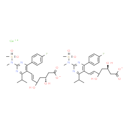 ChemSpider 2D Image | Calcium bis[(3R,6E)-7-{4-(4-fluorophenyl)-6-isopropyl-2-[methyl(methylsulfonyl)amino]-5-pyrimidinyl}-3,5-dihydroxy-6-heptenoate] | C44H54CaF2N6O12S2