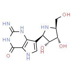 ChemSpider 2D Image | 7-[(2R,3R,4S,5S)-3,4-Dihydroxy-5-(hydroxymethyl)-2-pyrrolidinyl]-2-imino-1,2,3,5-tetrahydro-4H-pyrrolo[3,2-d]pyrimidin-4-one | C11H15N5O4