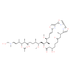 ChemSpider 2D Image | (1E,5S,9S,10S)-11-[(10S,16S,20S,21R,22S,24E)-16-Hydroxy-22-methoxy-10,21-dimethyl-12,18-dioxo-3,7,19,27-tetraoxa-29,30,31-triazatetracyclo[24.2.1.1~2,5~.1~6,9~]hentriaconta-1(28),2(31),4,6(30),8,24,26
(29)-heptaen-20-yl]-1-[(hydroxymethyl)(methyl)amino]-10-methoxy-3,5,9-trimethyl-6-oxo-1-undecen-4-yl acetate | C46H66N4O13