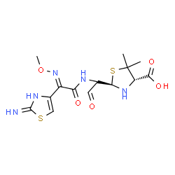 ChemSpider 2D Image | (2R,4S)-2-(1-{[(2E)-2-(2-Imino-2,3-dihydro-1,3-thiazol-4-yl)-2-(methoxyimino)acetyl]amino}-2-oxoethyl)-5,5-dimethyl-1,3-thiazolidine-4-carboxylic acid | C14H19N5O5S2