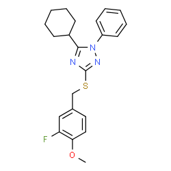ChemSpider 2D Image | 5-Cyclohexyl-3-[(3-fluoro-4-methoxybenzyl)sulfanyl]-1-phenyl-1H-1,2,4-triazole | C22H24FN3OS