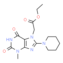 ChemSpider 2D Image | Ethyl [3-methyl-2,6-dioxo-8-(1-piperidinyl)-1,2,3,6-tetrahydro-7H-purin-7-yl]acetate | C15H21N5O4