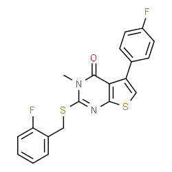 ChemSpider 2D Image | 2-[(2-Fluorobenzyl)sulfanyl]-5-(4-fluorophenyl)-3-methylthieno[2,3-d]pyrimidin-4(3H)-one | C20H14F2N2OS2