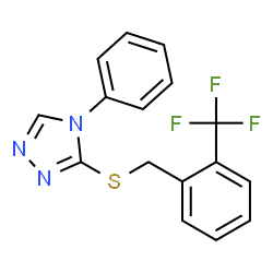 ChemSpider 2D Image | 4-Phenyl-3-{[2-(trifluoromethyl)benzyl]sulfanyl}-4H-1,2,4-triazole | C16H12F3N3S