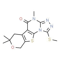 ChemSpider 2D Image | 4,7,7-Trimethyl-1-(methylsulfanyl)-6,9-dihydro-7H-pyrano[4',3':4,5]thieno[3,2-e][1,2,4]triazolo[4,3-a]pyrimidin-5(4H)-one | C14H16N4O2S2