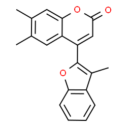 ChemSpider 2D Image | 6,7-Dimethyl-4-(3-methyl-1-benzofuran-2-yl)-2H-chromen-2-one | C20H16O3