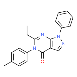 ChemSpider 2D Image | 6-Ethyl-5-(4-methylphenyl)-1-phenyl-1,5-dihydro-4H-pyrazolo[3,4-d]pyrimidin-4-one | C20H18N4O