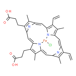 ChemSpider 2D Image | Chloro[3,3'-(3,7,12,17-tetramethyl-8,13-divinyl-2,18-porphyrindiyl-kappa~2~N~21~,N~23~)dipropanoato(2-)]iron | C34H32ClFeN4O4