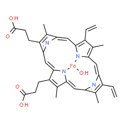 ChemSpider 2D Image | Hydroxy[3,3'-(3,7,12,17-tetramethyl-8,13-divinyl-2,18-porphyrindiyl-kappa~2~N~21~,N~23~)dipropanoato(2-)]iron | C34H33FeN4O5