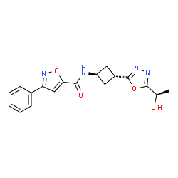 ChemSpider 2D Image | N-(trans-3-{5-[(1R)-1-Hydroxyethyl]-1,3,4-oxadiazol-2-yl}cyclobutyl)-3-phenyl-1,2-oxazole-5-carboxamide | C18H18N4O4