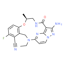 ChemSpider 2D Image | (11S)-16-Amino-2-ethyl-6-fluoro-11-methyl-14-oxo-10-oxa-2,13,17,18,21-pentaazatetracyclo[13.5.2.0~4,9~.0~18,22~]docosa-1(21),4,6,8,15(22),16,19-heptaene-5-carbonitrile | C20H20FN7O2