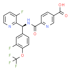 ChemSpider 2D Image | 6-({(S)-(3-Fluoro-2-pyridinyl)[3-fluoro-4-(trifluoromethoxy)phenyl]methyl}carbamoyl)nicotinic acid | C20H12F5N3O4