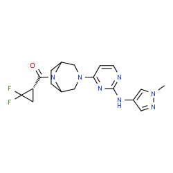 ChemSpider 2D Image | [(1S)-2,2-Difluorocyclopropyl](3-{2-[(1-methyl-1H-pyrazol-4-yl)amino]-4-pyrimidinyl}-3,8-diazabicyclo[3.2.1]oct-8-yl)methanone | C18H21F2N7O