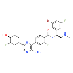 ChemSpider 2D Image | 4-{3-Amino-6-[(1S,3S,4S)-3-fluoro-4-hydroxycyclohexyl]-2-pyrazinyl}-N-[(1S)-1-(3-bromo-5-fluorophenyl)-2-(methylamino)ethyl]-2-fluorobenzamide | C26H27BrF3N5O2