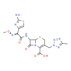 ChemSpider 2D Image | 7-{[(2E)-2-(2-Amino-1,3-thiazol-4-yl)-2-(methoxyimino)acetyl]amino}-3-[(5-methyl-2H-tetrazol-2-yl)methyl]-8-oxo-5-thia-1-azabicyclo[4.2.0]oct-2-ene-2-carboxylic acid | C16H17N9O5S2