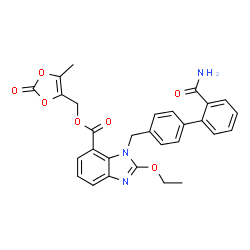 ChemSpider 2D Image | (5-Methyl-2-oxo-1,3-dioxol-4-yl)methyl 1-[(2'-carbamoyl-4-biphenylyl)methyl]-2-ethoxy-1H-benzimidazole-7-carboxylate | C29H25N3O7