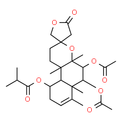 ChemSpider 2D Image | 5,6-Diacetoxy-4a,6a,7,10b-tetramethyl-5'-oxo-1,2,4',4a,5,5',6,6a,9,10,10a,10b-dodecahydrospiro[benzo[f]chromene-3,3'-furan]-10-yl 2-methylpropanoate | C28H40O9