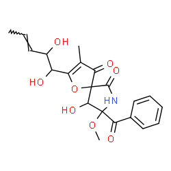 ChemSpider 2D Image | 8-Benzoyl-2-[(3E)-1,2-dihydroxy-3-penten-1-yl]-9-hydroxy-8-methoxy-3-methyl-1-oxa-7-azaspiro[4.4]non-2-ene-4,6-dione | C21H23NO8