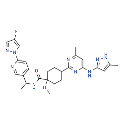 ChemSpider 2D Image | N-{1-[6-(4-Fluoro-1H-pyrazol-1-yl)-3-pyridinyl]ethyl}-1-methoxy-4-{4-methyl-6-[(5-methyl-1H-pyrazol-3-yl)amino]-2-pyrimidinyl}cyclohexanecarboxamide | C27H32FN9O2