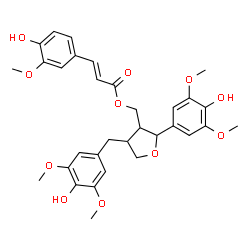 ChemSpider 2D Image | [4-(4-Hydroxy-3,5-dimethoxybenzyl)-2-(4-hydroxy-3,5-dimethoxyphenyl)tetrahydro-3-furanyl]methyl (2E)-3-(4-hydroxy-3-methoxyphenyl)acrylate | C32H36O11