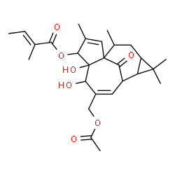 ChemSpider 2D Image | 7-(Acetoxymethyl)-5,6-dihydroxy-3,11,11,14-tetramethyl-15-oxotetracyclo[7.5.1.0~1,5~.0~10,12~]pentadeca-2,7-dien-4-yl (2E)-2-methyl-2-butenoate | C27H36O7