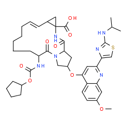 ChemSpider 2D Image | (12E)-6-{[(Cyclopentyloxy)carbonyl]amino}-2-({2-[2-(isopropylamino)-1,3-thiazol-4-yl]-7-methoxy-4-quinolinyl}oxy)-5,16-dioxo-1,2,3,6,7,8,9,10,11,13a,14,15,16,16a-tetradecahydrocyclopropa[e]pyrrolo[1,2
-a][1,4]diazacyclopentadecine-14a(5H)-carboxylic acid | C40H50N6O8S