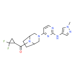 ChemSpider 2D Image | 4-[8-(2,2-difluorocyclopropanecarbonyl)-3,8-diazabicyclo[3.2.1]octan-3-yl]-N-(1-methylpyrazol-4-yl)pyrimidin-2-amine | C18H21F2N7O