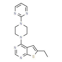ChemSpider 2D Image | 6-Ethyl-4-[4-(2-pyrimidinyl)-1-piperazinyl]thieno[2,3-d]pyrimidine | C16H18N6S