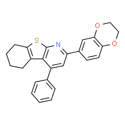 ChemSpider 2D Image | 2-(2,3-Dihydro-1,4-benzodioxin-6-yl)-4-phenyl-5,6,7,8-tetrahydro[1]benzothieno[2,3-b]pyridine | C25H21NO2S