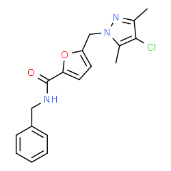 ChemSpider 2D Image | N-Benzyl-5-[(4-chloro-3,5-dimethyl-1H-pyrazol-1-yl)methyl]-2-furamide | C18H18ClN3O2