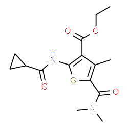 ChemSpider 2D Image | Ethyl 2-[(cyclopropylcarbonyl)amino]-5-(dimethylcarbamoyl)-4-methyl-3-thiophenecarboxylate | C15H20N2O4S
