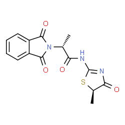 ChemSpider 2D Image | (2R)-2-(1,3-Dioxo-1,3-dihydro-2H-isoindol-2-yl)-N-[(5R)-5-methyl-4-oxo-4,5-dihydro-1,3-thiazol-2-yl]propanamide | C15H13N3O4S