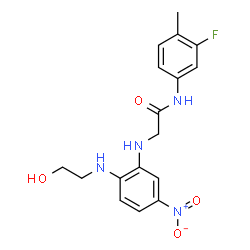 ChemSpider 2D Image | N-(3-Fluoro-4-methylphenyl)-N~2~-{2-[(2-hydroxyethyl)amino]-5-nitrophenyl}glycinamide | C17H19FN4O4