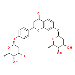 ChemSpider 2D Image | 4-{7-[(2,6-Dideoxy-alpha-L-lyxo-hexopyranosyl)oxy]-4-oxo-4H-chromen-2-yl}phenyl 2,6-dideoxy-alpha-L-lyxo-hexopyranoside | C27H30O10