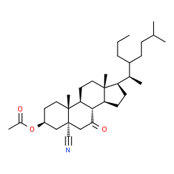 ChemSpider 2D Image | (3S,5S,8S,9S,10R,13R,14S,17R)-5-Cyano-10,13-dimethyl-17-[(2R)-6-methyl-3-propyl-2-heptanyl]-7-oxohexadecahydro-1H-cyclopenta[a]phenanthren-3-yl acetate (non-preferred name) | C33H53NO3