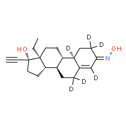 ChemSpider 2D Image | (3E,8R,9S,10R,13S,14S,17R)-13-Ethyl-17-ethynyl-3-(hydroxyimino)(2,2,4,6,6,10-~2~H_6_)-2,3,6,7,8,9,10,11,12,13,14,15,16,17-tetradecahydro-1H-cyclopenta[a]phenanthren-17-ol (non-preferred name) | C21H23D6NO2