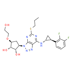ChemSpider 2D Image | (1S,2S,3R,5S)-3-[7-{[(1R,2S)-2-(2,3-Difluorophenyl)cyclopropyl]amino}-5-(propylsulfanyl)-3H-[1,2,3]triazolo[4,5-d]pyrimidin-3-yl]-5-(2-hydroxyethoxy)-1,2-cyclopentanediol | C23H28F2N6O4S