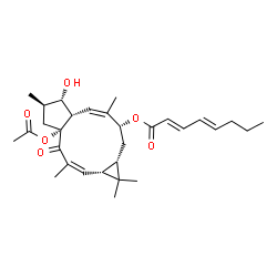 ChemSpider 2D Image | (1aR,2Z,4aR,6R,7S,7aS,8Z,10R,11aS)-4a-Acetoxy-7-hydroxy-1,1,3,6,9-pentamethyl-4-oxo-1a,4,4a,5,6,7,7a,10,11,11a-decahydro-1H-cyclopenta[a]cyclopropa[f][11]annulen-10-yl (2E,4E)-2,4-octadienoate | C30H42O6