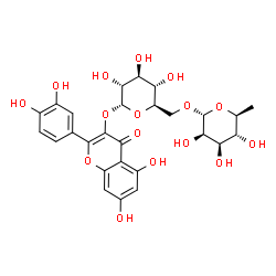 ChemSpider 2D Image | 2-(3,4-Dihydroxyphenyl)-5,7-dihydroxy-4-oxo-4H-chromen-3-yl 6-O-(6-deoxy-alpha-L-mannopyranosyl)-alpha-D-glucopyranoside | C27H30O16