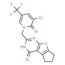 ChemSpider 2D Image | 2-{[3-Chloro-2-oxo-5-(trifluoromethyl)-1(2H)-pyridinyl]methyl}-3,5,6,7-tetrahydro-4H-cyclopenta[4,5]thieno[2,3-d]pyrimidin-4-one | C16H11ClF3N3O2S