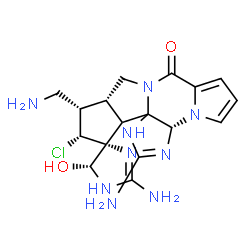 ChemSpider 2D Image | (3aR,5'R,10aR,11S,12R,13R)-2,2'-Diamino-11-(aminomethyl)-12-chloro-5'-hydroxy-1,1',3a,5',10a,11,12,13a-octahydro-8H,10H-spiro[cyclopenta[3,4]pyrrolo[1,2-a]imidazo[4,5-b]pyrrolo[1,2-d]pyrazine-13,4'-im
idazol]-8-one | C17H22ClN9O2